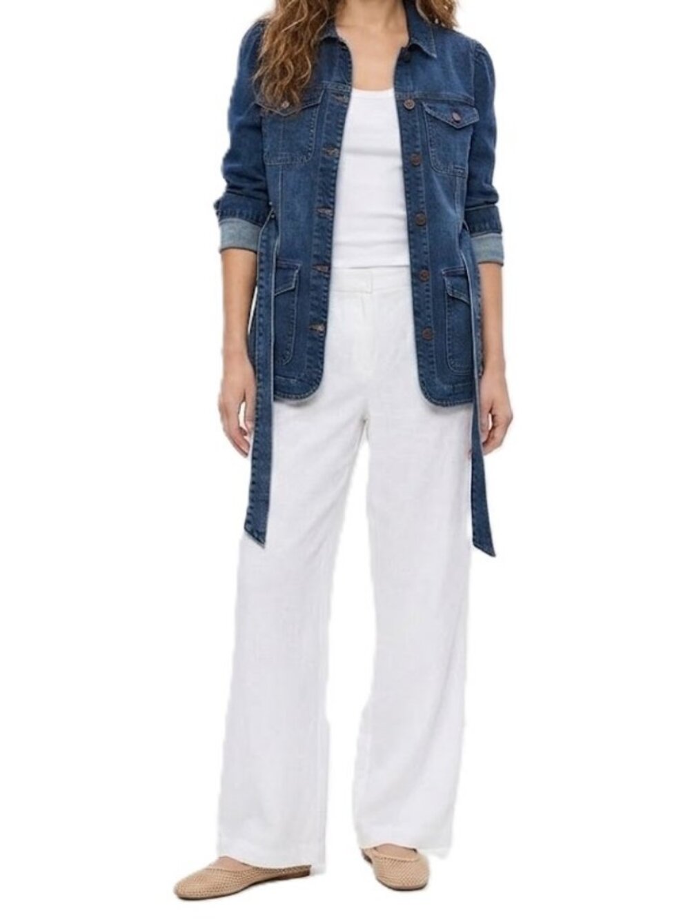GAP Longline Belted Denim Jacket Small Puff Sleeve Utility Shacket NWT